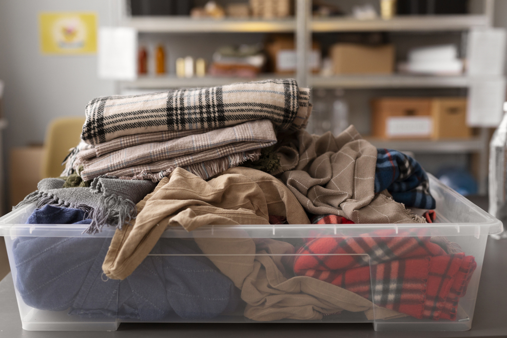 Ropa perfectamente organizada en cajas dentro de un trastero limpio y ordenado